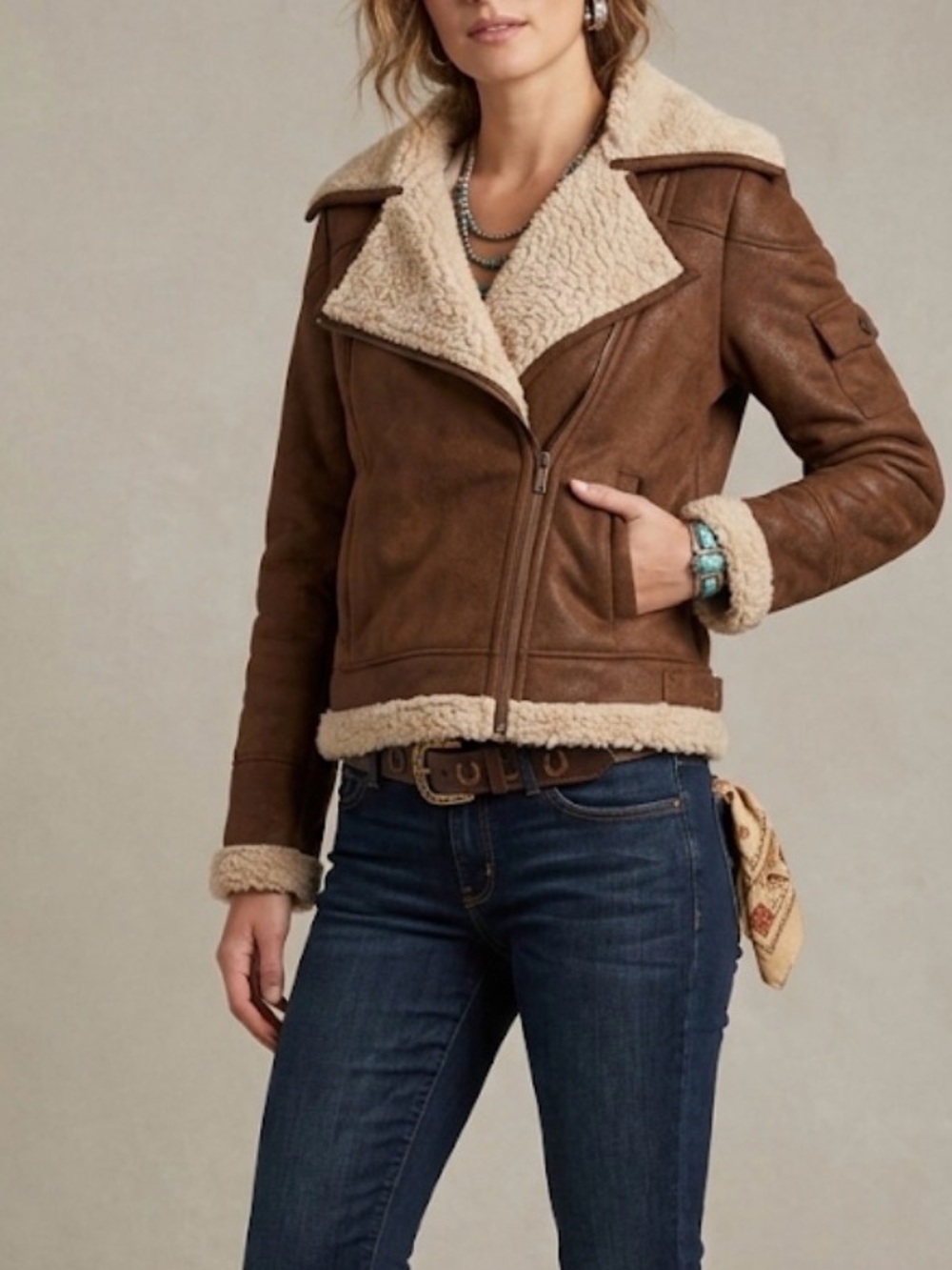 Ruff Hewn Faux Suede Brown Sherpa Bomber Jacket Western Boho Size Large